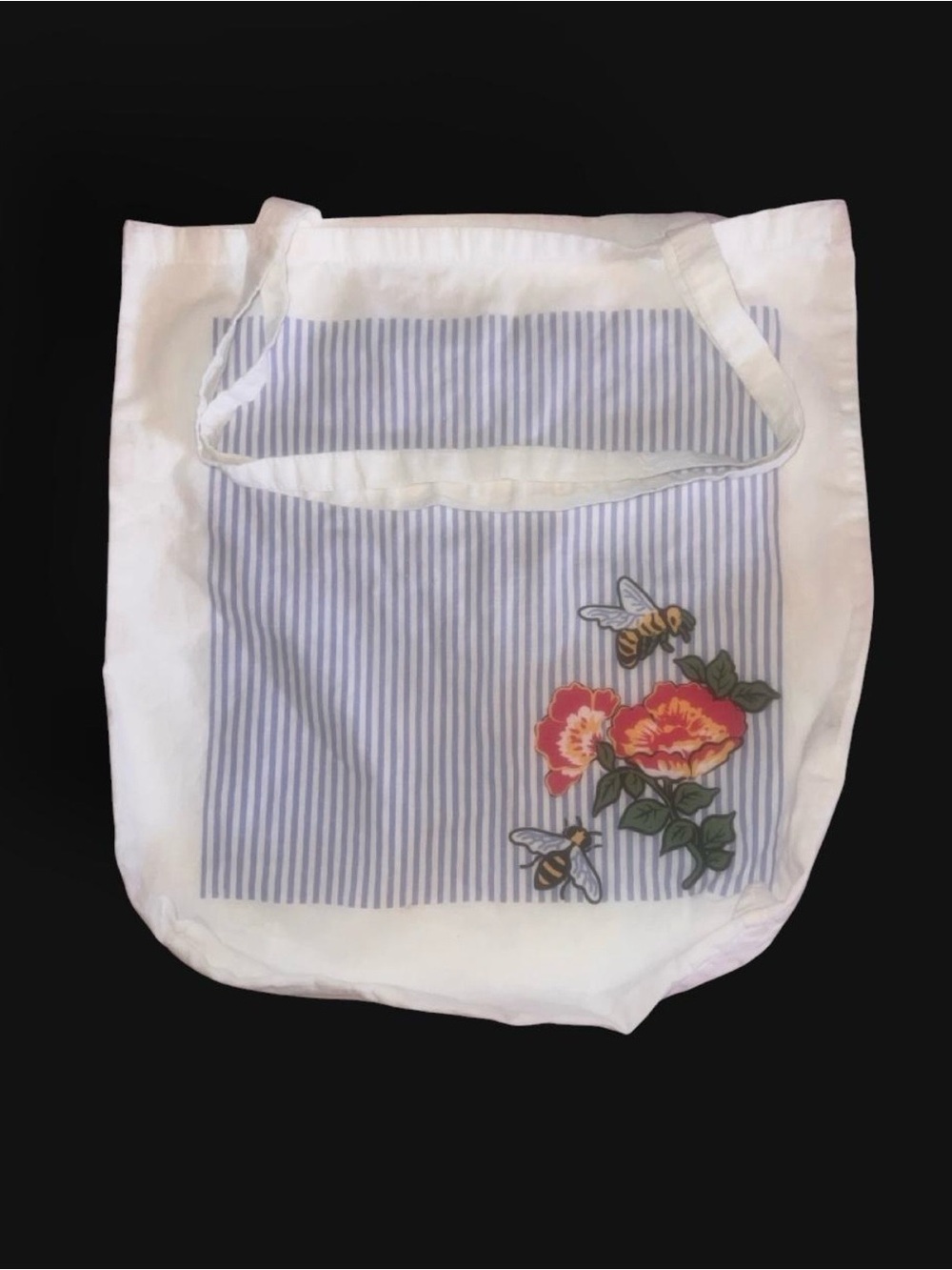 Cotton On White Canvas Tote with Blue Stripe and Floral Bee Embroidery